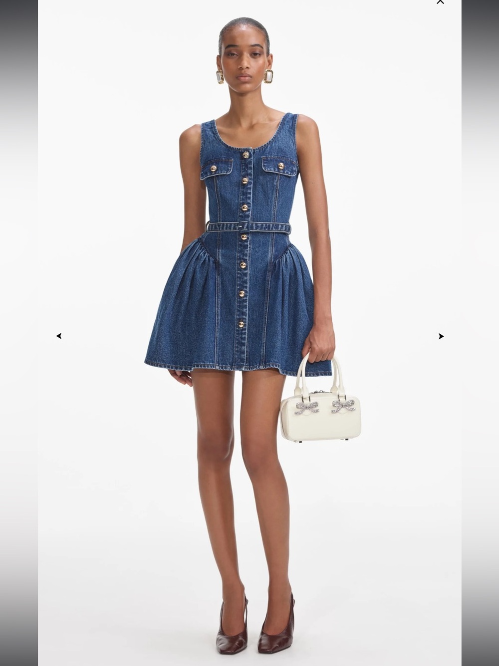 Self Portrait Flared Denim Button-Up Mini Dress with Ruffles